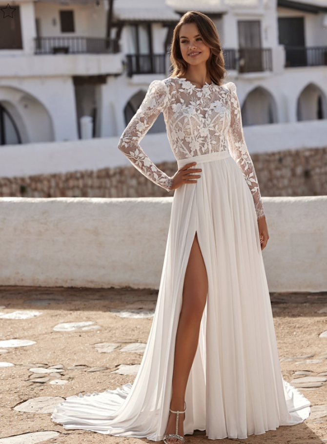 model is wearing a lace long sleeve a-ine wedding dress
