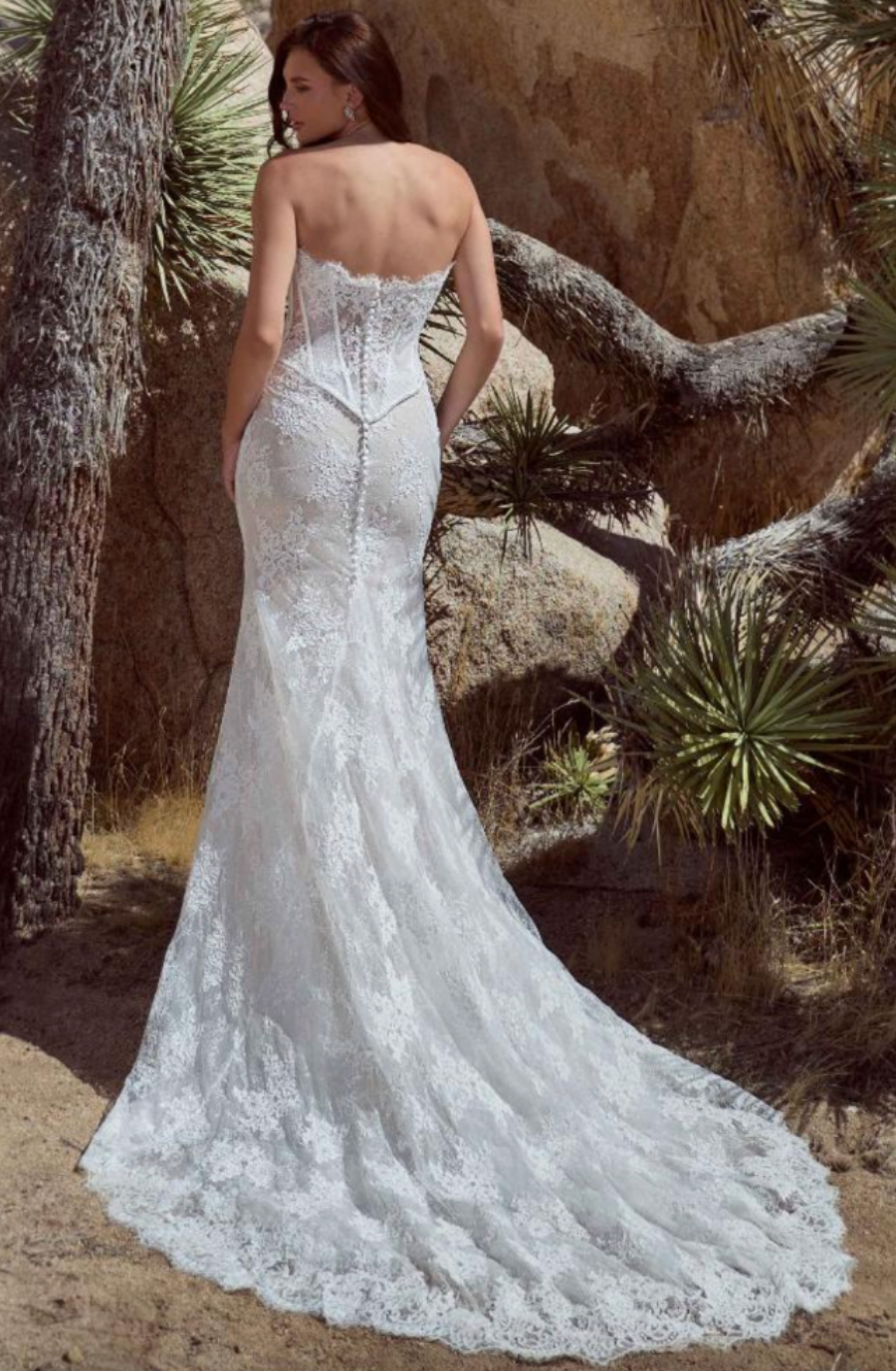 model is wearing a strapless lace corset bridal gown