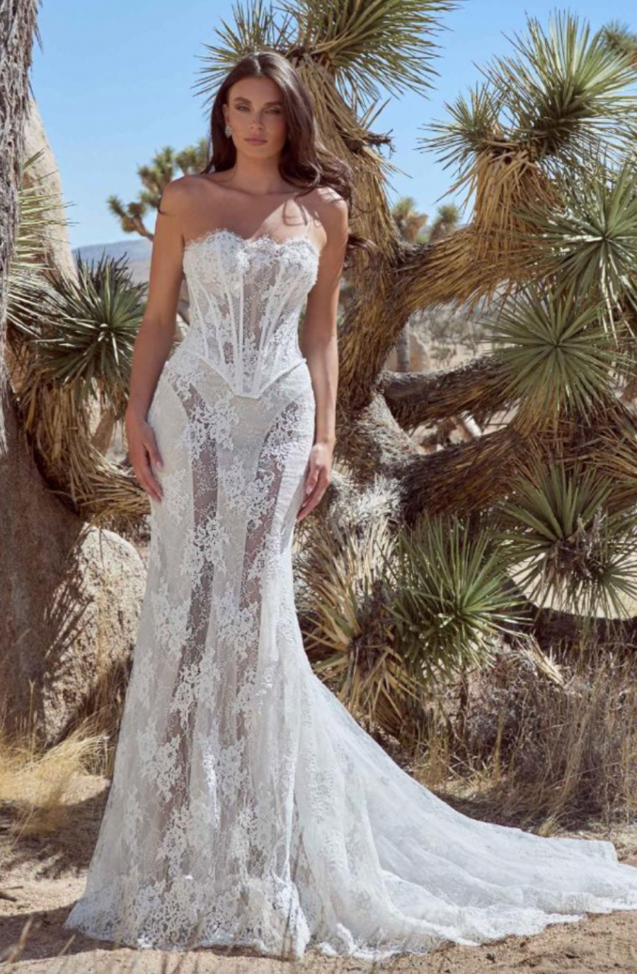 model is wearing a strapless lace corset bridal gown